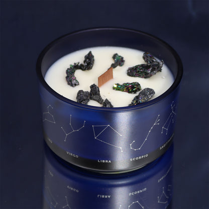 Open Aquarius candle infused with amethyst and lapis lazuli crystals, scented with mandarin, lavender and sandalwood for creativity and inner clarity