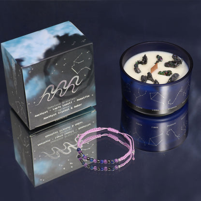 Front view of Aquarius zodiac candle and gemstone bracelet set with amethyst and lapis lazuli, packaged in celestial-themed gift box design