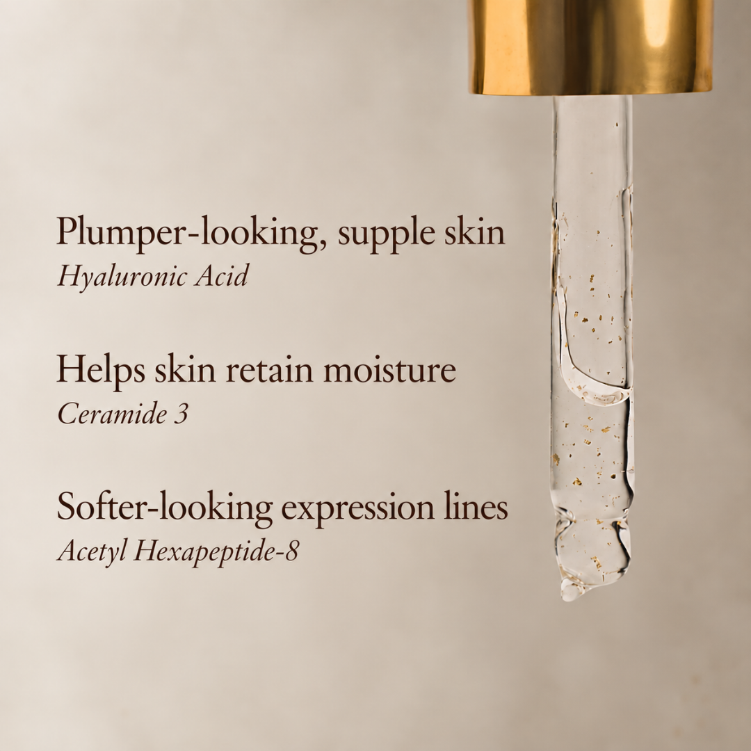 A clear skincare dropper tube with a gold cap on a warm beige background, with text listing skin benefits: plumper-looking, supple skin from Hyaluronic Acid; helps skin retain moisture from Ceramide 3; softer-looking expression lines from Acetyl Hexapeptide-8.