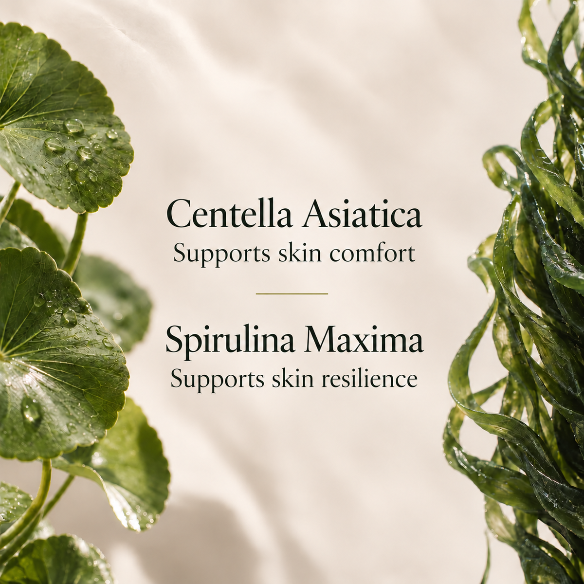 A clean, minimalist skincare graphic with text reading 'Centella Asiatica Supports skin comfort' and 'Spirulina Maxima Supports skin resilience' over a soft cream background, framed by green leaves and seaweed.