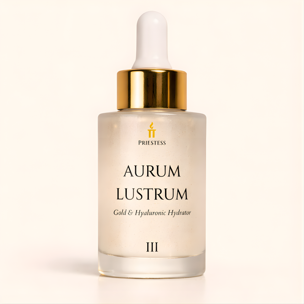 Aurum Lustrum gold and hyaluronic hydrator bottle with dropper on a light beige background
