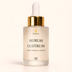Aurum Lustrum gold and hyaluronic hydrator bottle with dropper on a light beige background