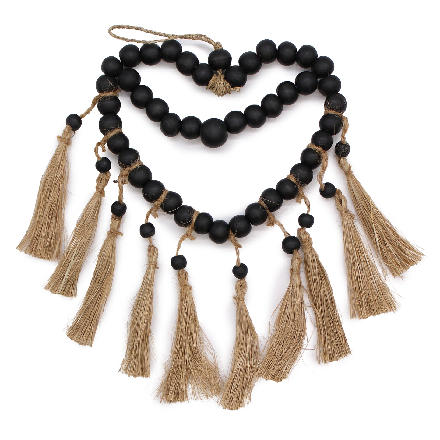 Front-facing view of small handmade heart mobile with natural wood beads, crafted for rustic walls or conscious gift giving.