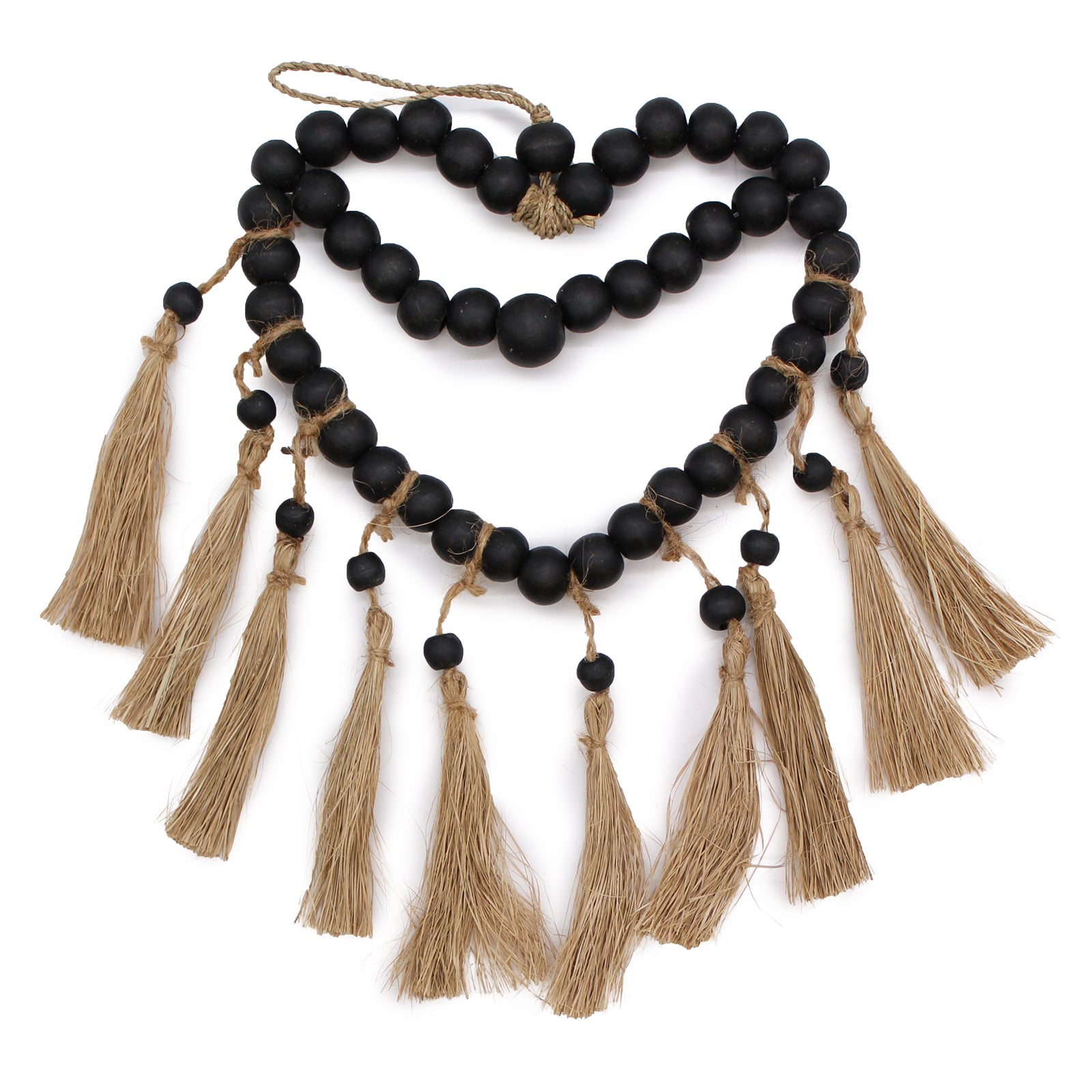 Front-facing view of small handmade heart mobile with natural wood beads, crafted for rustic walls or conscious gift giving.