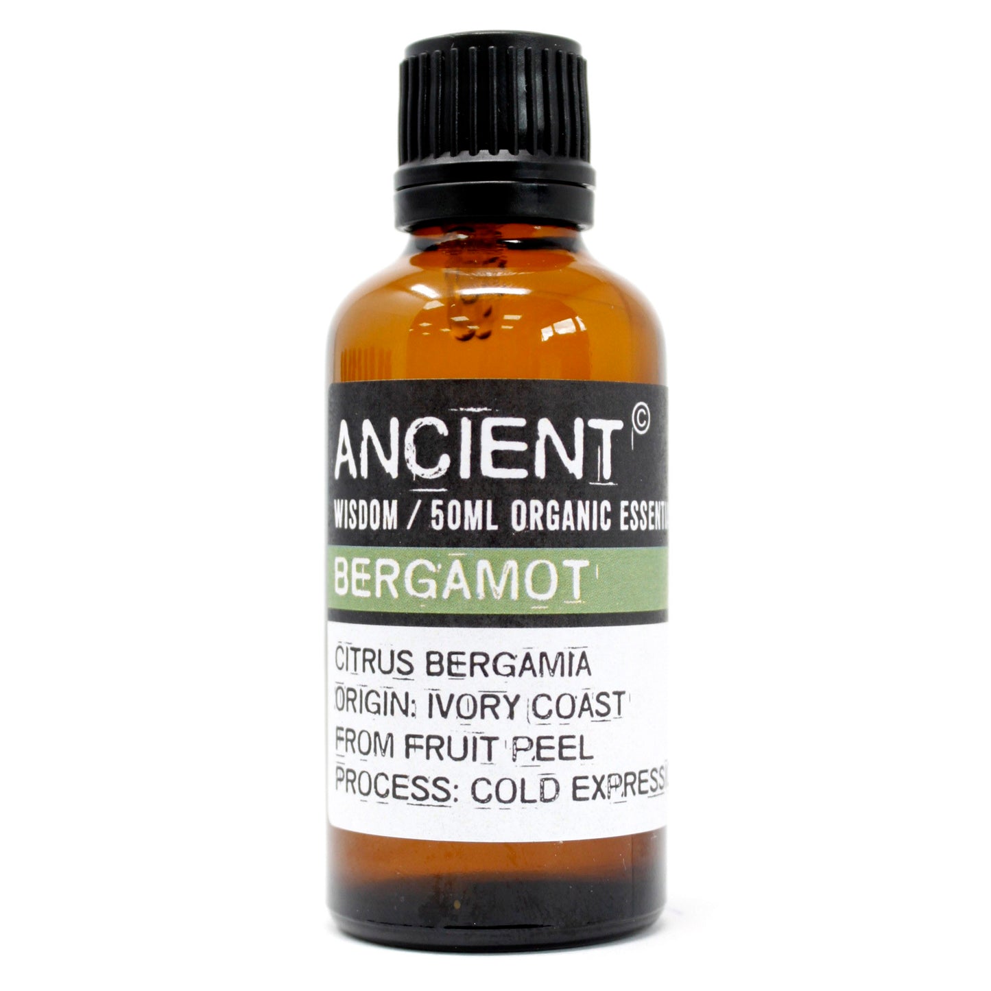 Straight-on shot of Ancient Wisdom Bergamot Essential Oil bottle on a white background, showcasing labeling and amber glass design.