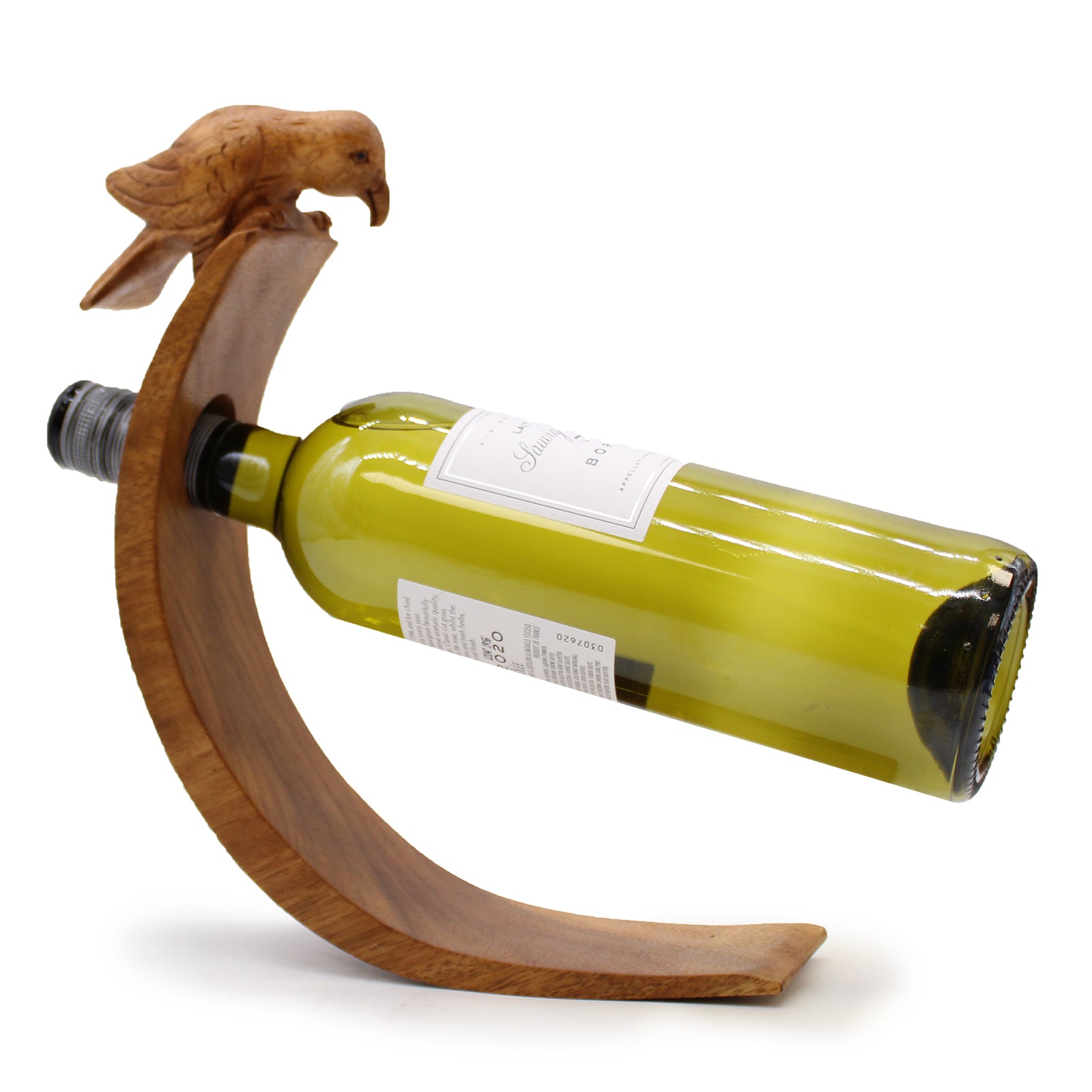 Unique bird-shaped wine holder balancing bottle upright in eco-friendly design.