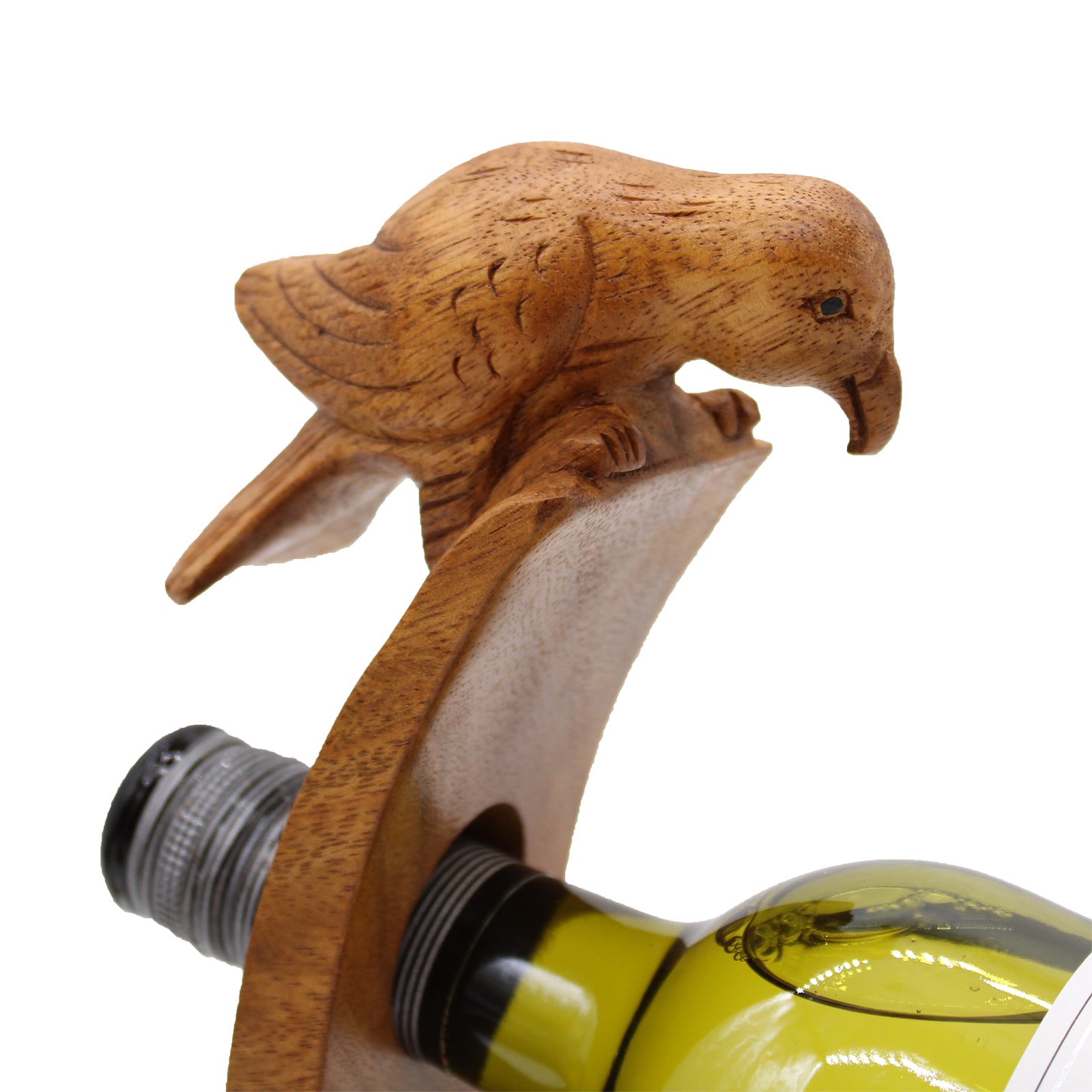 Unique bird-shaped wine holder balancing bottle upright in eco-friendly design. front close up