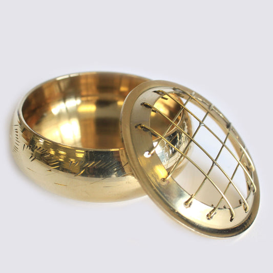 Open solid brass incense jar with removable lattice lid, shown on white background for ritual use with charcoal or resin.