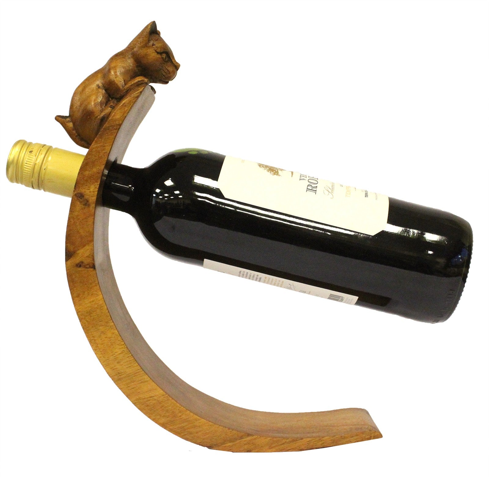Cat-shaped wooden wine holder with a central hole, eco-resin finish.