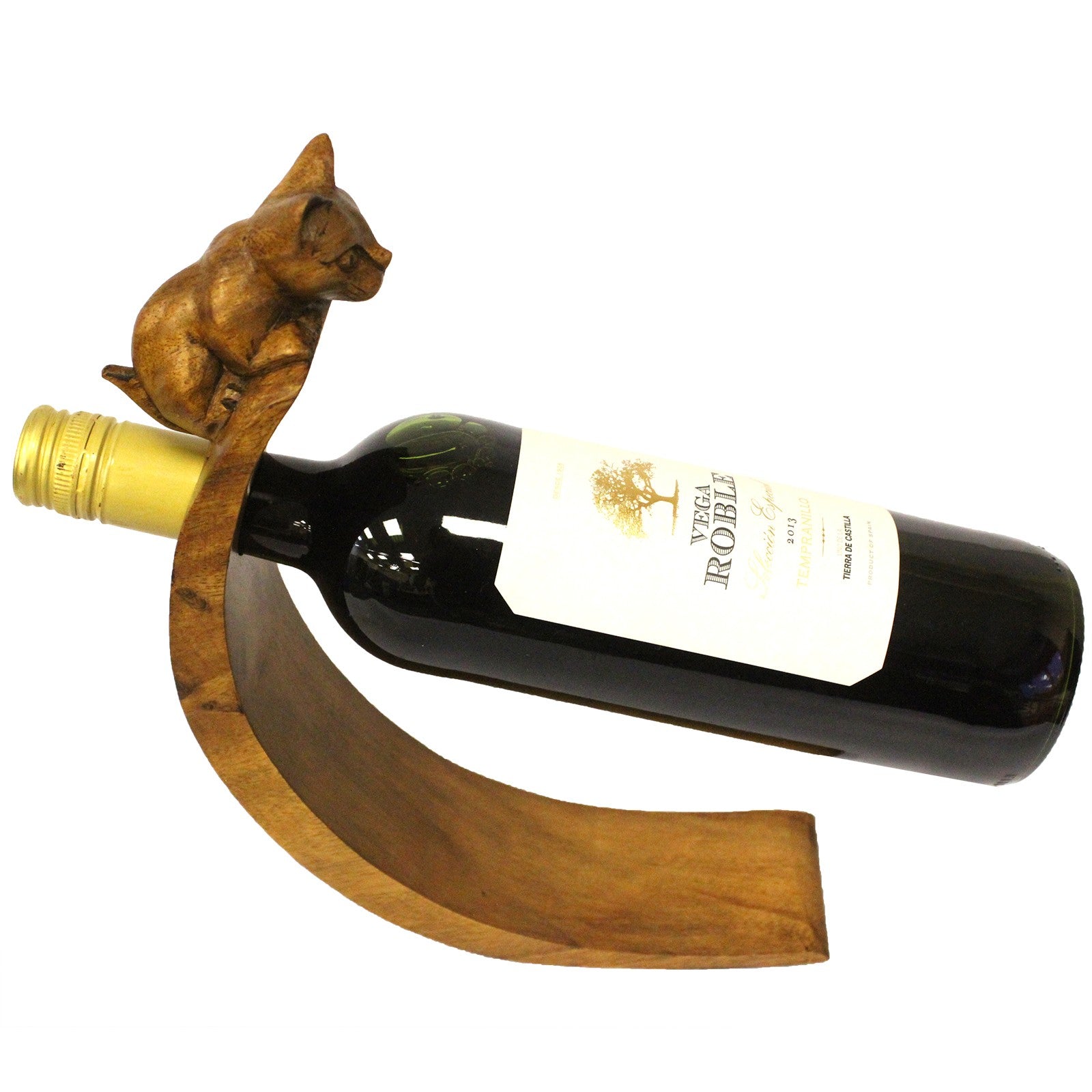 Cat-shaped wooden wine holder with a central hole, eco-resin finish.