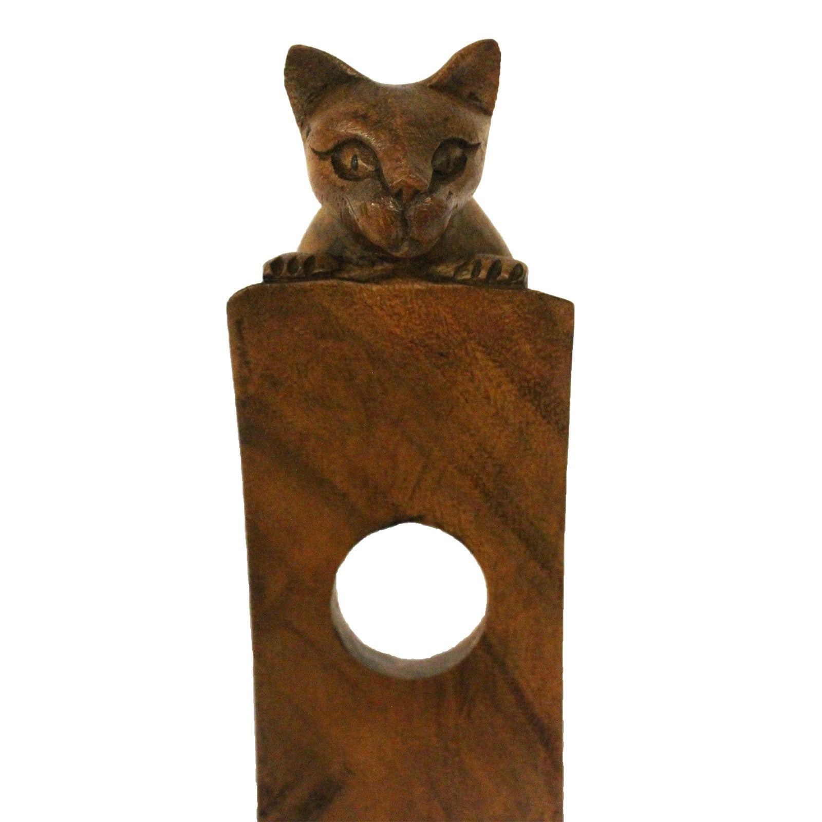 Cat-shaped wooden wine holder with a central hole, eco-resin finish. front close up