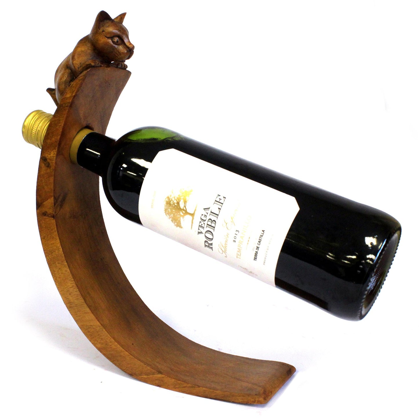 Carved cat head wine holder with center hole to balance wine bottle, rustic wood style.