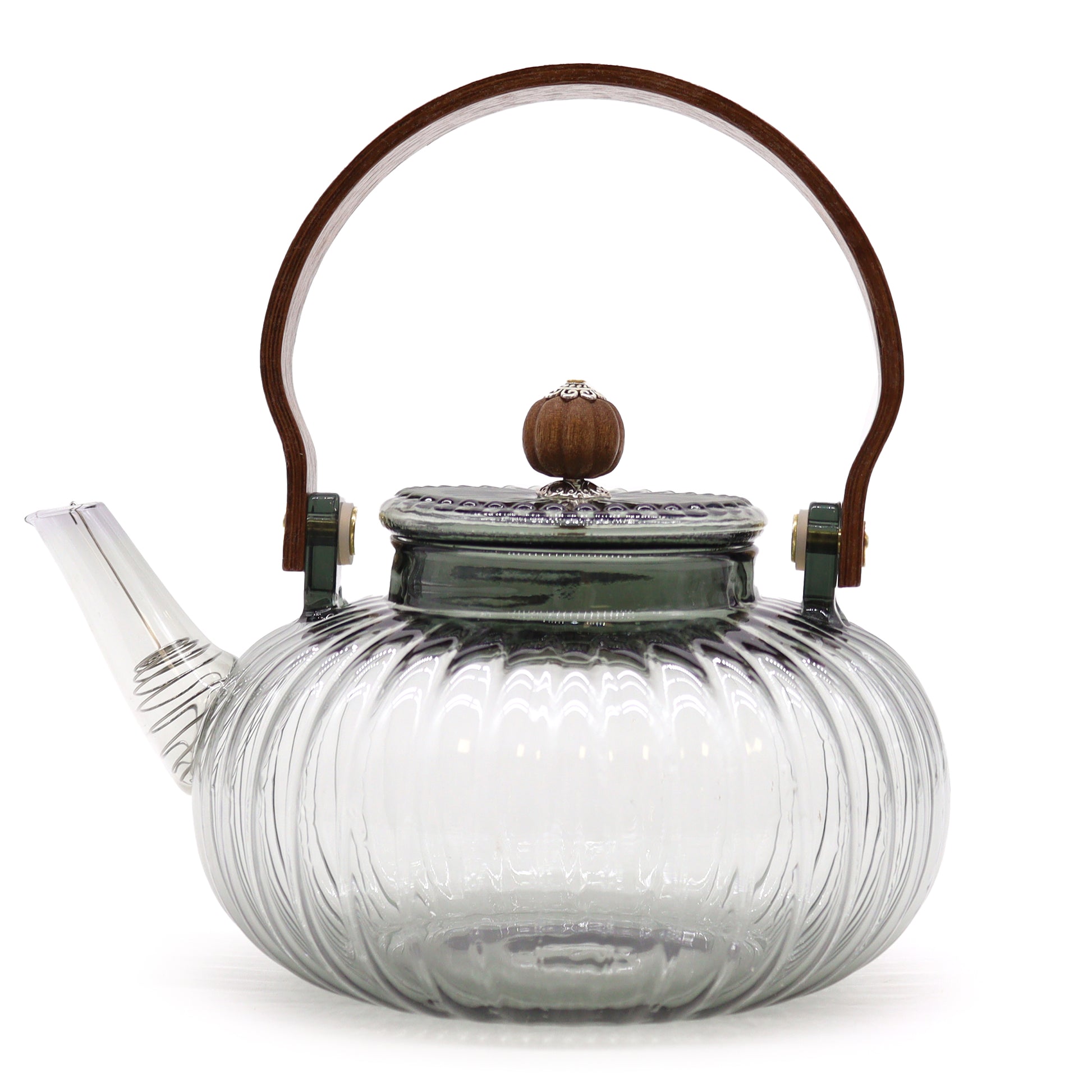 Elegant glass teapot with charcoal ribbed design, pearl-finish lid, and wooden handle – 950ml capacity