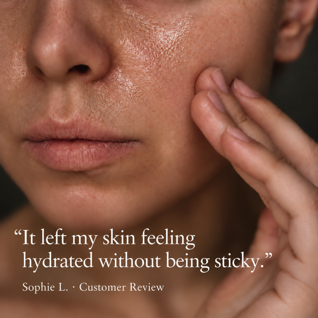 Close-up of a person's face touching their cheek, with overlaid text reading: 'It left my skin feeling hydrated without being sticky.' and 'Sophie L.