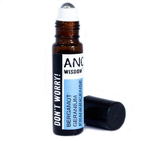 Don’t Worry stress-relief essential oil roll-on with bergamot, geranium, and frankincense.