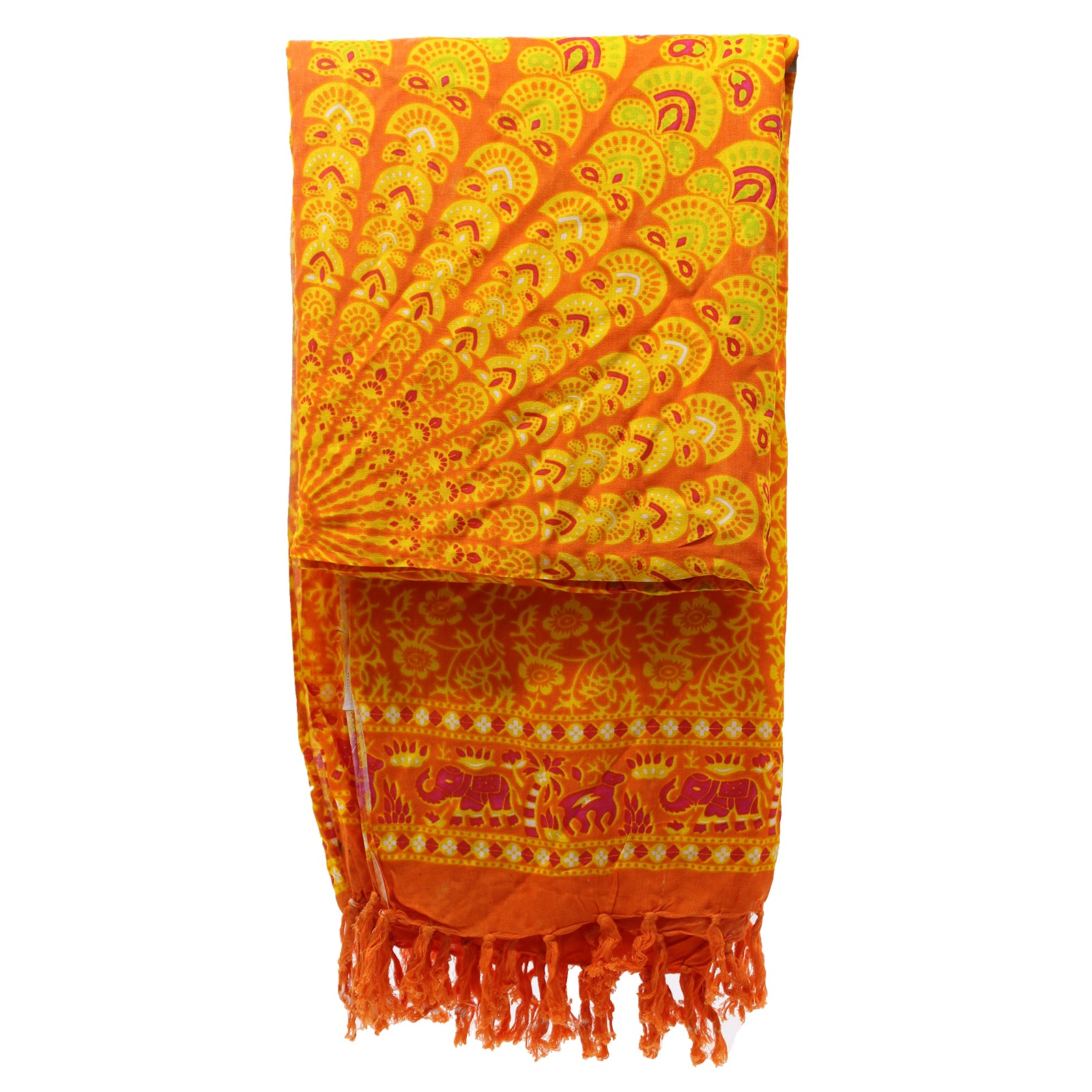 Folded orange and lime sarong showing fan mandala print, elephant border, and tied fringe ends