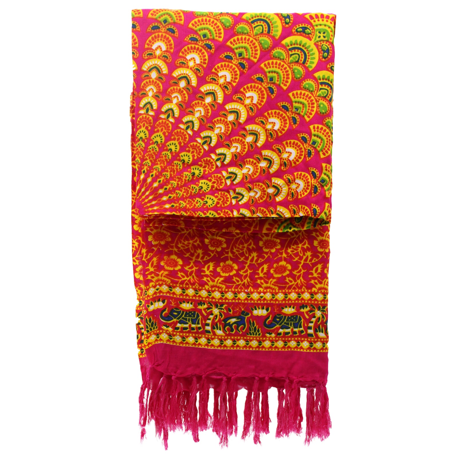 Folded pink festival sarong showing detailed fringe, elephant border, and vibrant mandala pattern