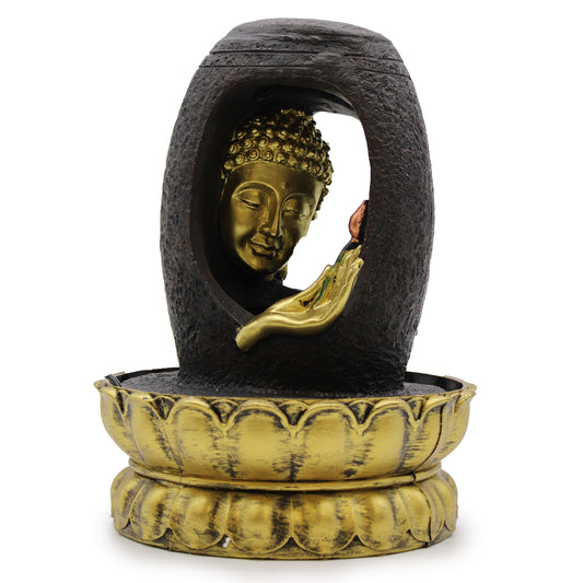 Resin Buddha tabletop water fountain with golden detailing and Vitarka Mudra for feng shui and meditation