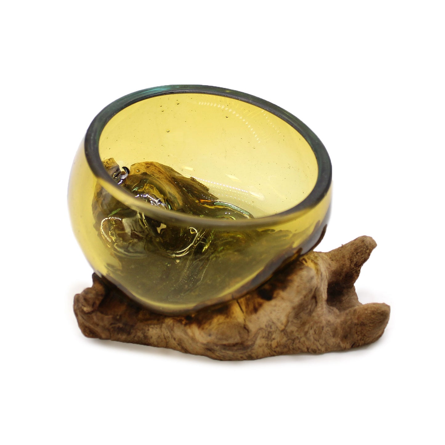 Second angled perspective of small molten amber glass bowl atop organic wood, blending artisan craft with natural design.