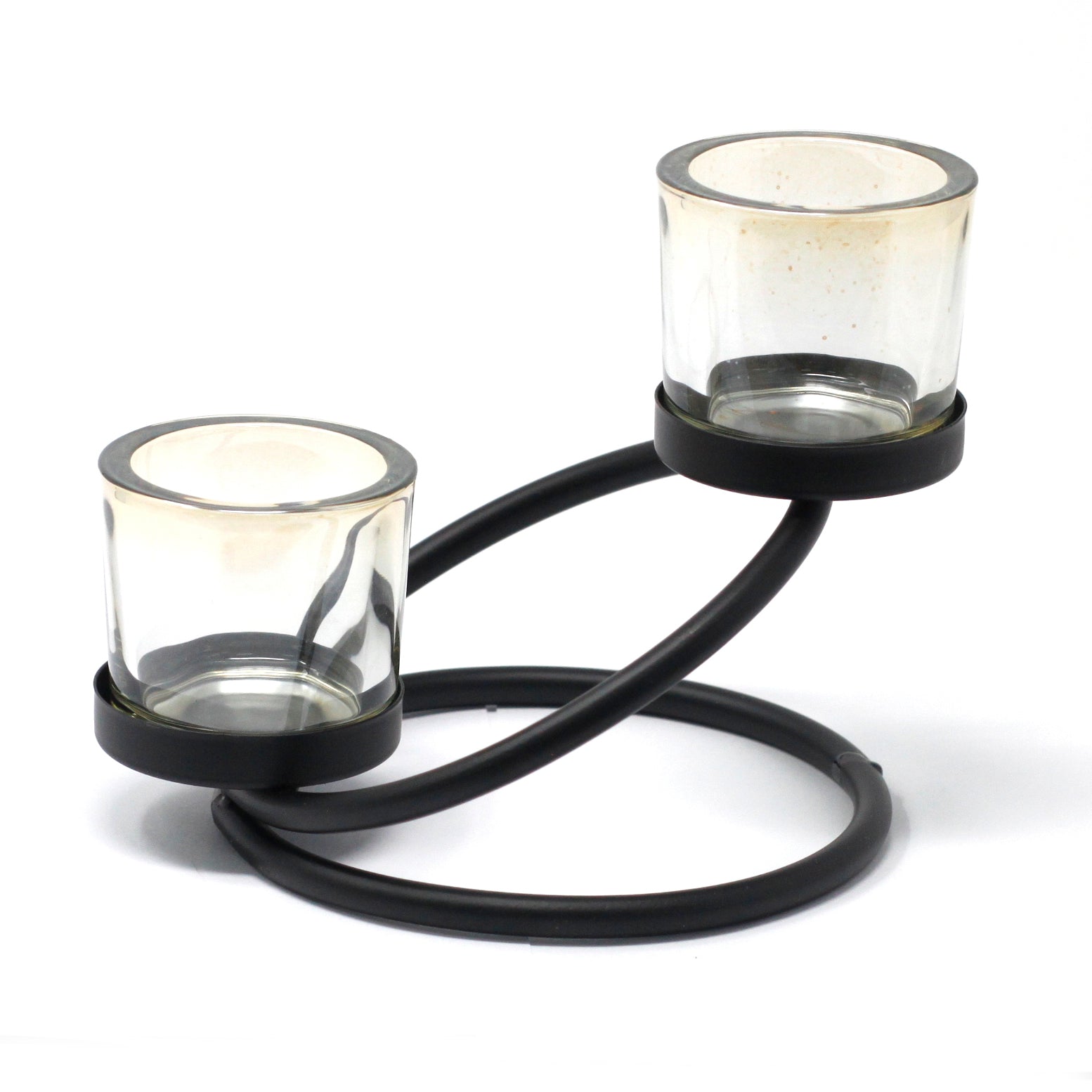 Black iron double-step votive candle holder with circular frame and two glass holders on a white background.