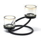 Black iron double-step votive candle holder with circular frame and two glass holders on a white background.