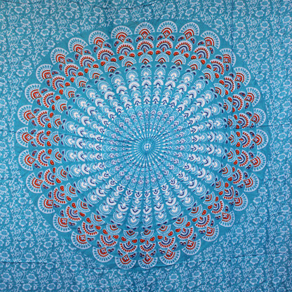 Full circular mandala print on sky blue sarong with floral background and red accents