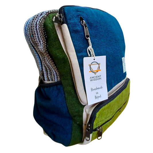 Side view of large teal and sage hemp backpack with multiple pockets and eco-friendly design