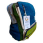 Side view of large teal and sage hemp backpack with multiple pockets and eco-friendly design