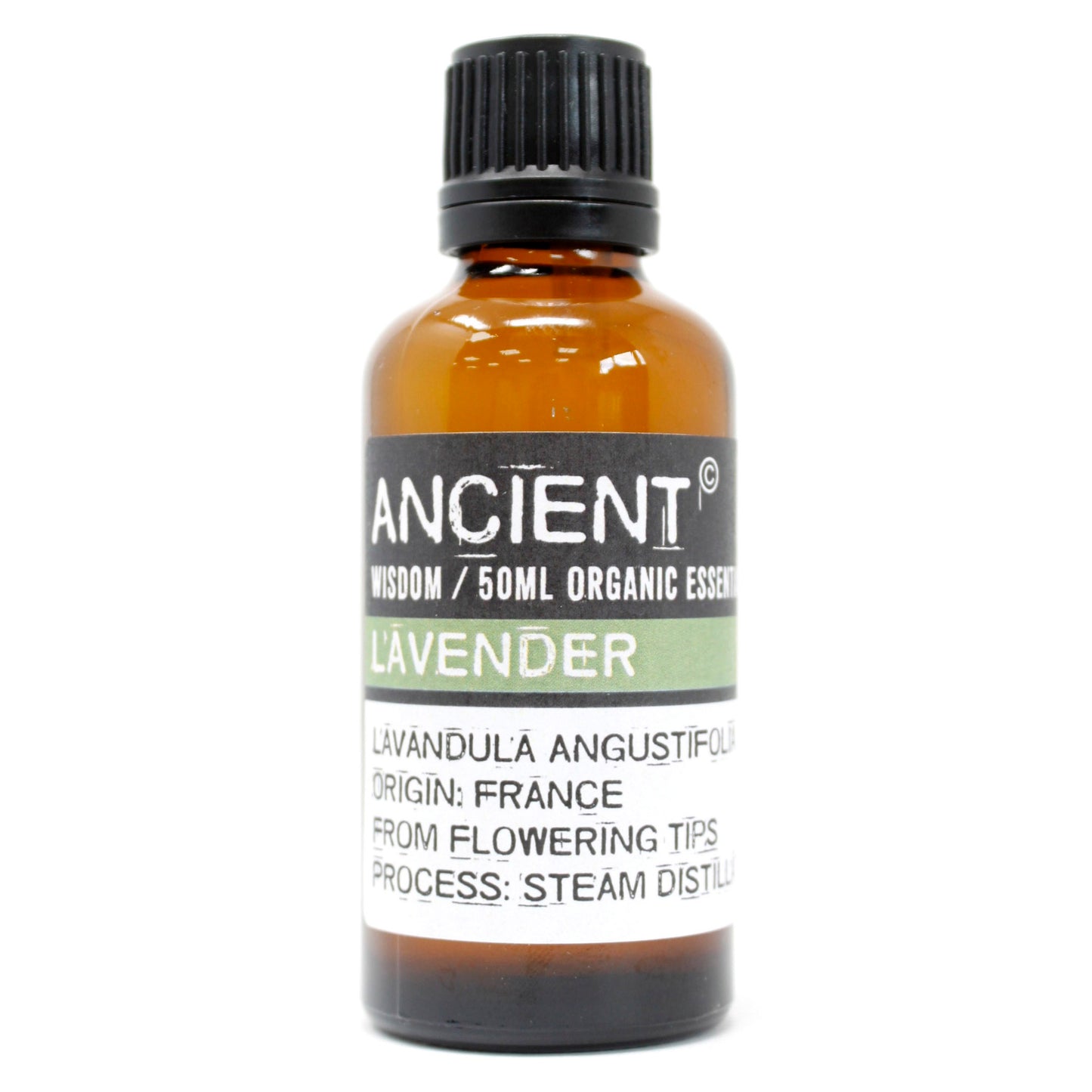 Front-facing shot of Ancient Wisdom Lavender Essential Oil bottle on a plain white background, showing its label and amber glass bottle.