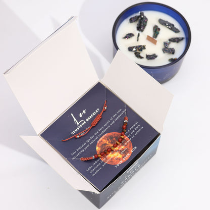 Leo zodiac crystal candle and gemstone bracelet displayed together as a spiritual gift set for self-expression, courage, and radiant Leo energy