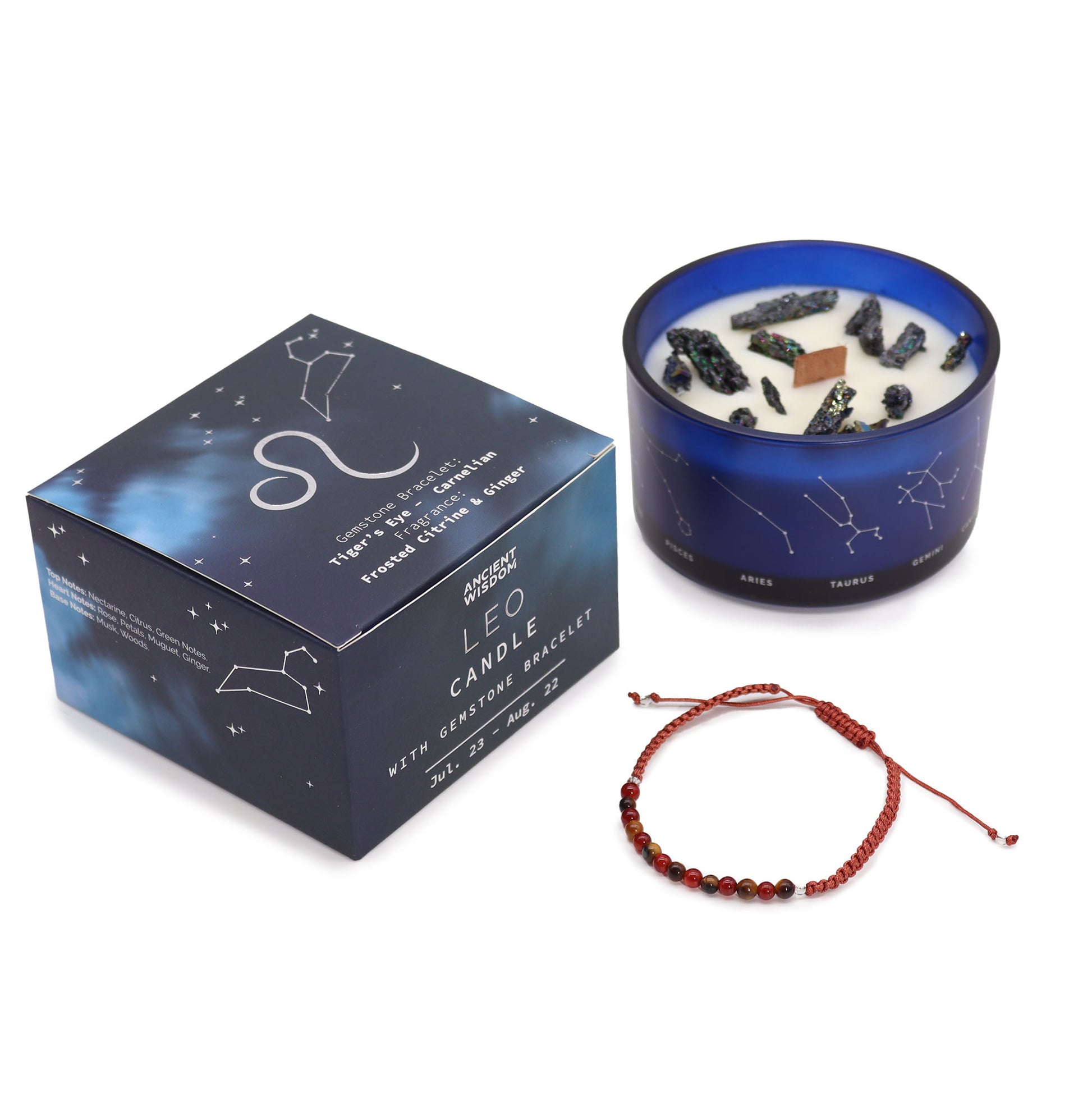 Open Leo candle infused with tiger’s eye and carnelian crystals, handcrafted with ginger and frosted citrine aroma for confidence and creative fire