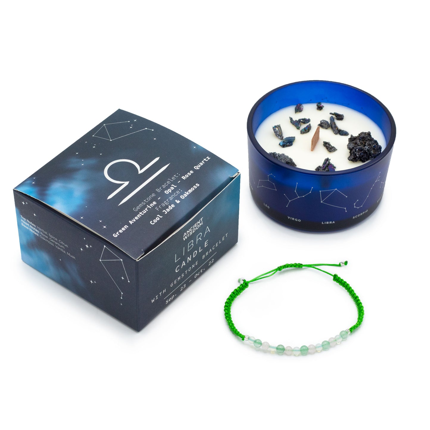 Open Libra candle infused with aventurine, opal and rose quartz crystals, handcrafted with rose, herbal notes and oakmoss fragrance for balance and peace