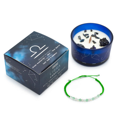 Open Libra candle infused with aventurine, opal and rose quartz crystals, handcrafted with rose, herbal notes and oakmoss fragrance for balance and peace
