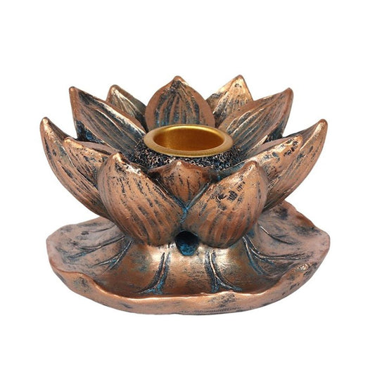 Side angle view of the bronze lotus incense burner showing its layered petal design and elevated form for sacred smoke rituals.