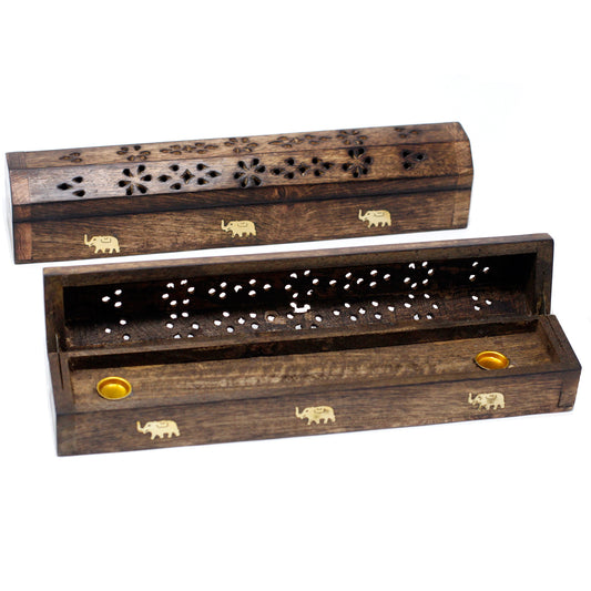 Open handcrafted mango wood incense box with carved lid, brass inlays, and chambers for stick and cone incense.