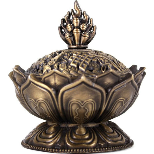 Sacred metal lotus incense cone holder with petal design shown against white background, ideal for rituals and meditation decor.