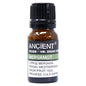 Close-up of a 10ml amber bottle labeled “Ancient Wisdom Organic Bergamot Essential Oil,” showing detailed text about Mediterranean origin and cold-pressed extraction from fruit peel.