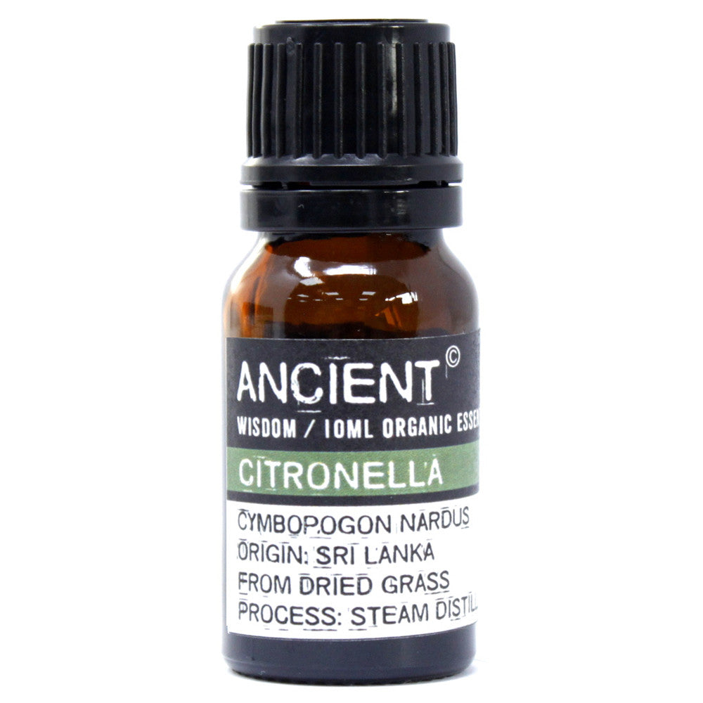 Close-up of a 10ml amber bottle labeled “Ancient Wisdom Organic Citronella Essential Oil,” with text detailing its origin and extraction method.