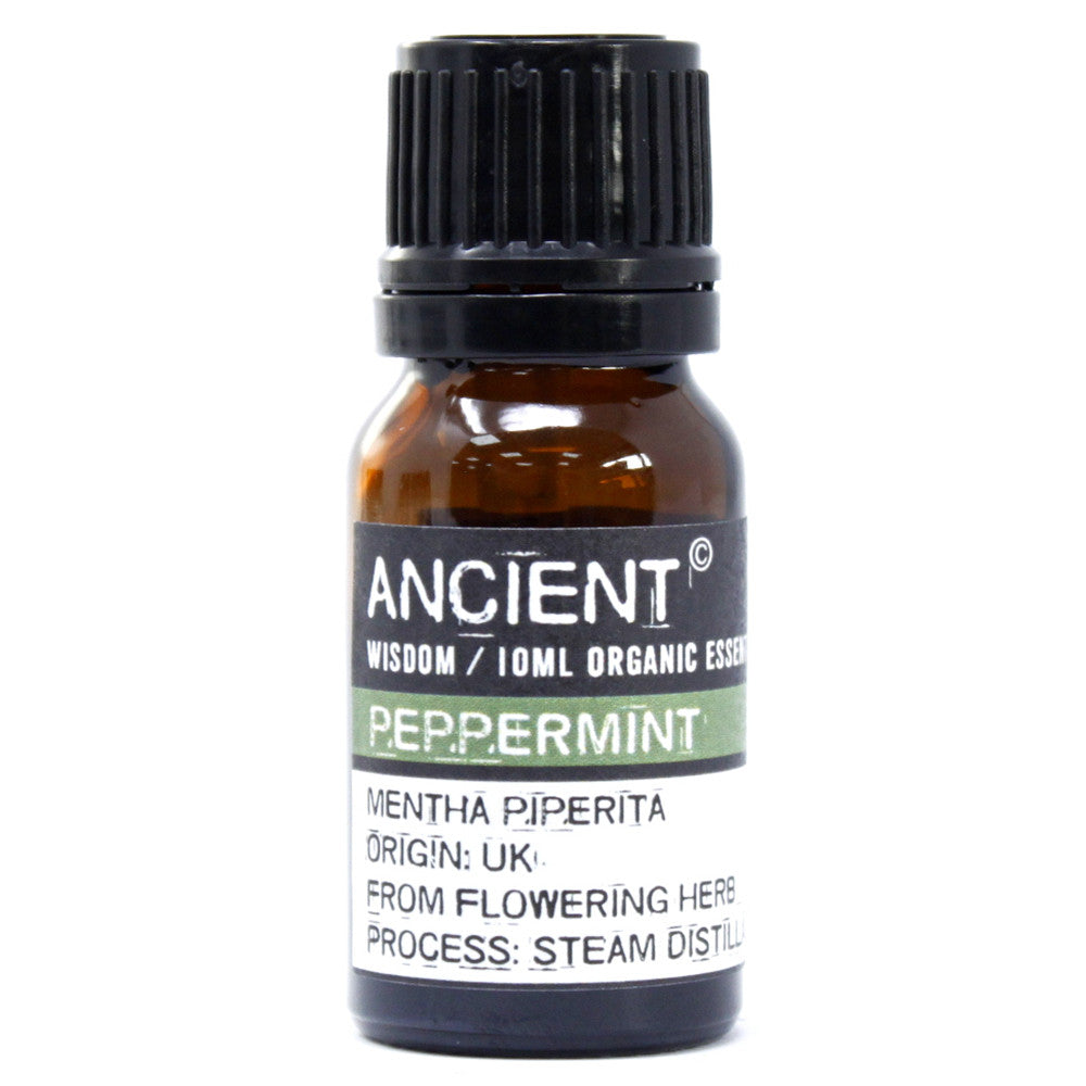 Close-up of a 10ml amber bottle labeled “Ancient Wisdom Organic Peppermint Essential Oil,” emphasizing its energizing and focus-enhancing properties.