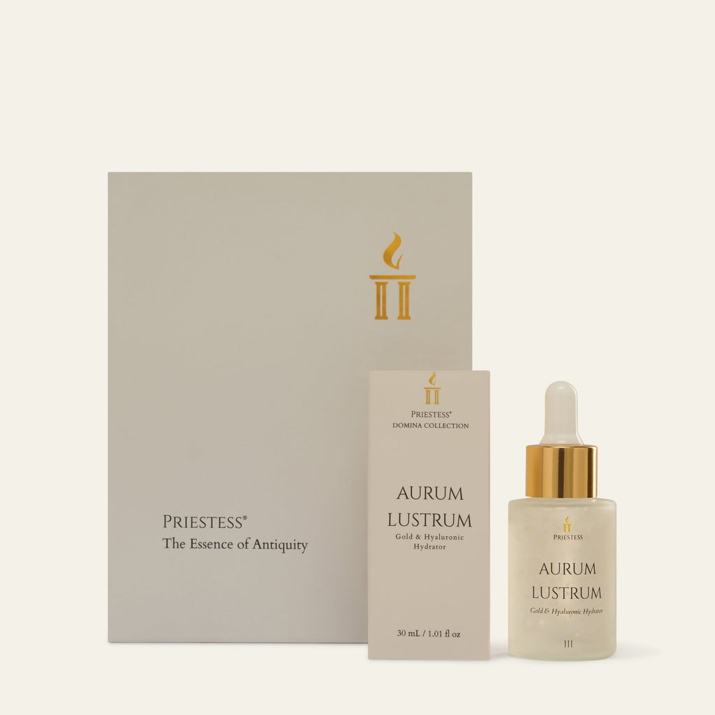 Aurum Lustrum skincare product with packaging on a white background