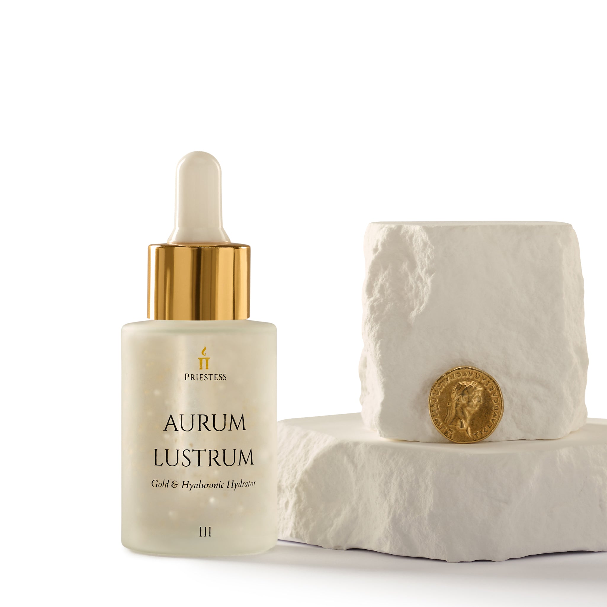 Priestess Aurum Lustrum skincare product with gold cap and stone-like packaging on a white background