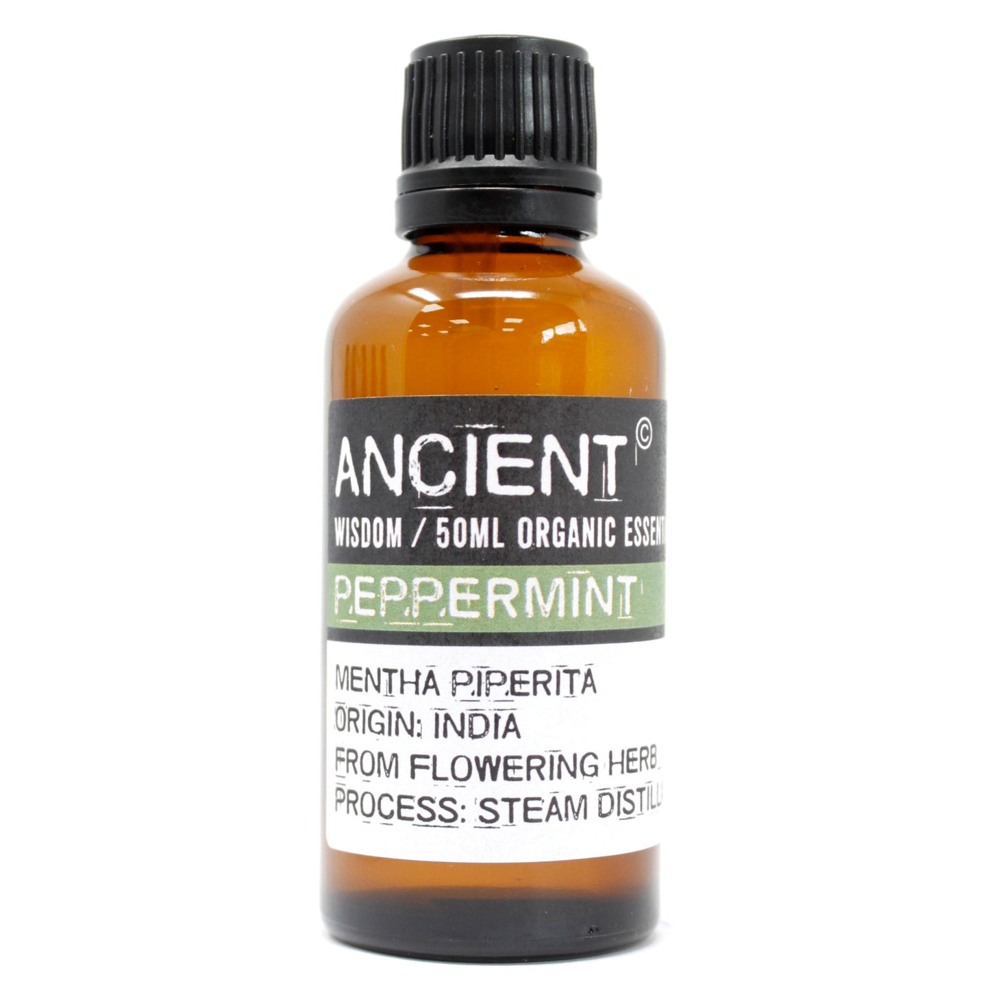 Straight-on image of Ancient Wisdom Peppermint Essential Oil bottle on a plain white background, showing label and amber bottle design.
