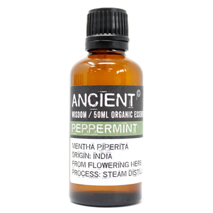 Straight-on image of Ancient Wisdom Peppermint Essential Oil bottle on a plain white background, showing label and amber bottle design.