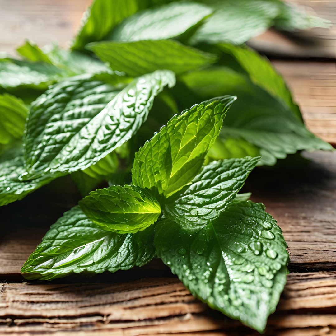 Close-up of fresh peppermint leaves with deep green color and textured veins, representing the botanical source of peppermint essential oil.