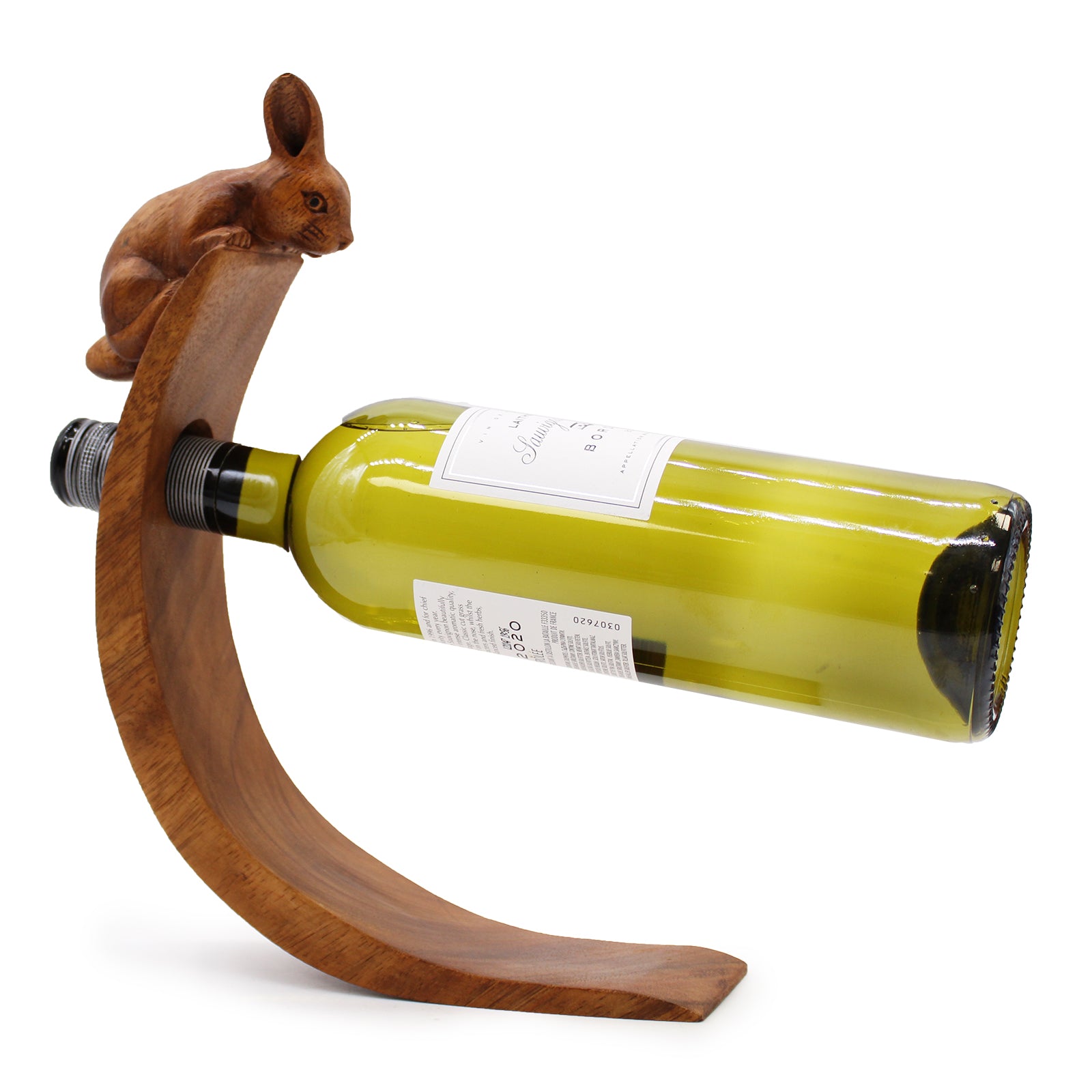 Rabbit-themed wine holder balancing wine bottle mid-air, crafted in smooth wood.