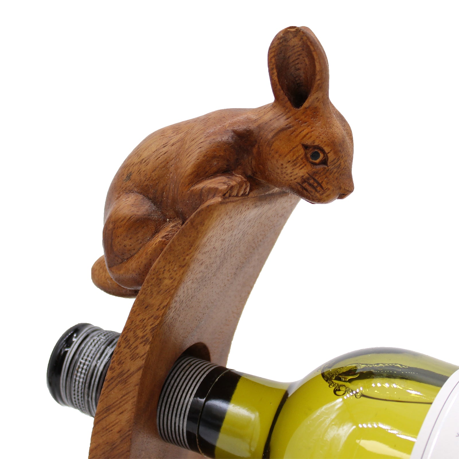 Rabbit-themed wine holder balancing wine bottle mid-air, crafted in smooth wood. close up