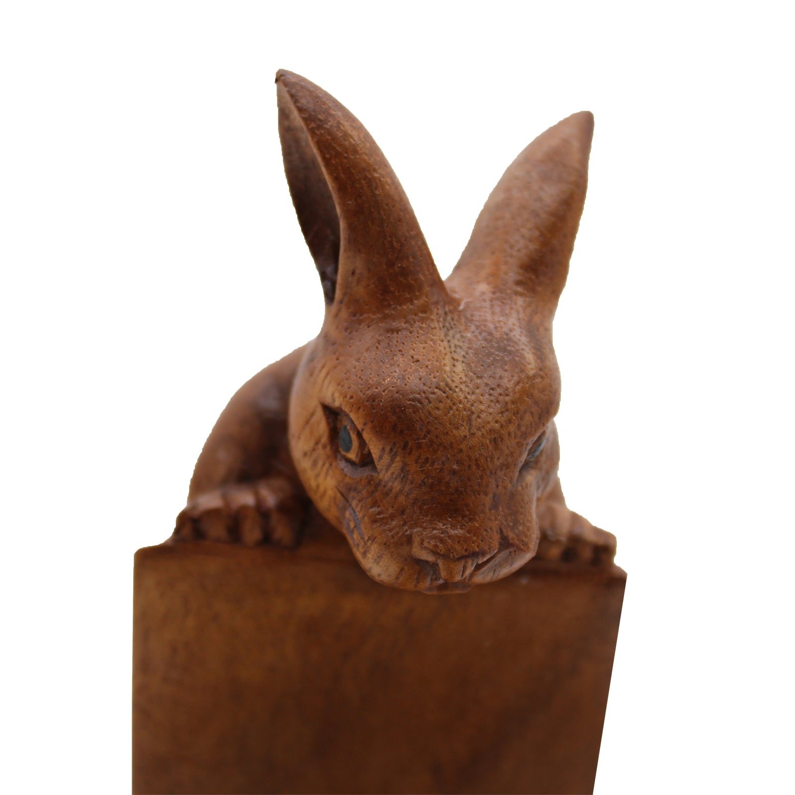 Rabbit-themed wine holder balancing wine bottle mid-air, crafted in smooth wood. front close up