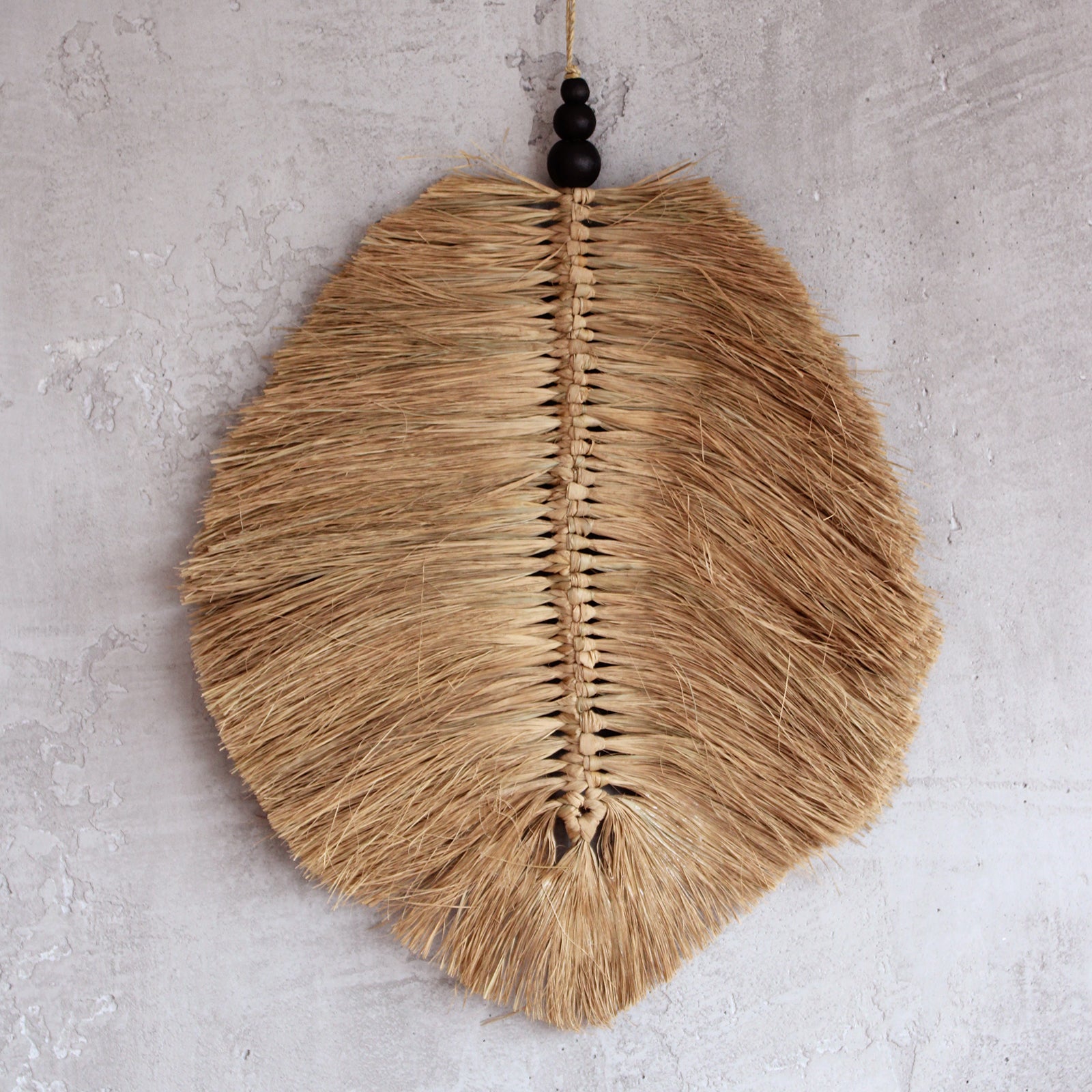 Natural raffa leaf hanging displayed on wall, styled for minimalist boho spaces with sustainable aesthetic.