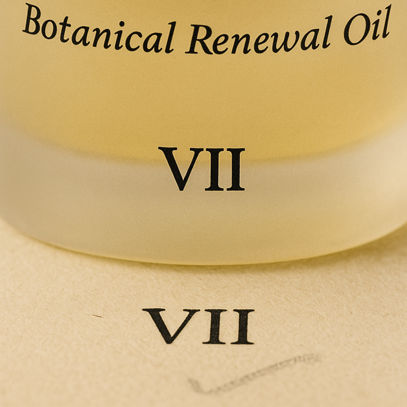 Jar labeled 'Botanical Renewal Oil VII' on a beige background - Sacra Renovatio
