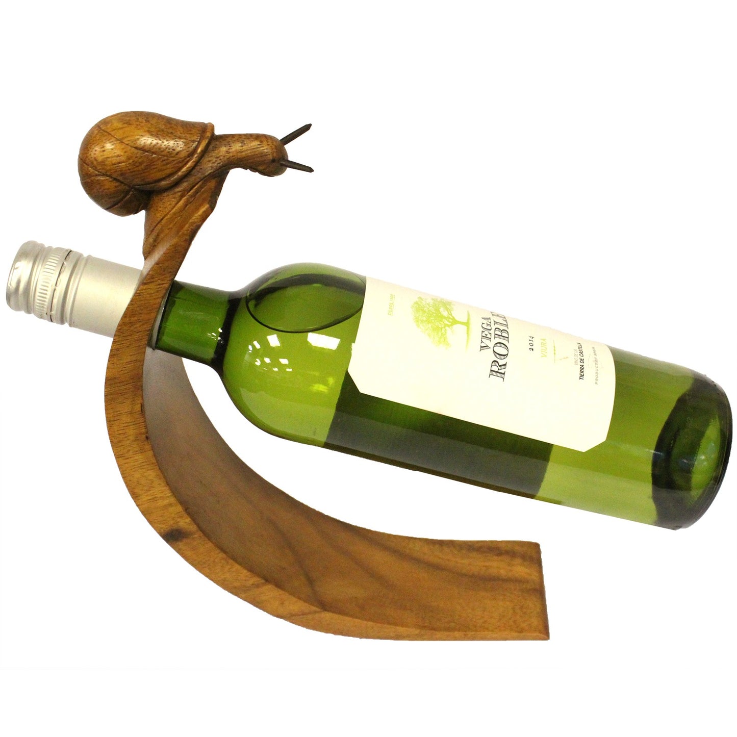 Snail shaped wooden wine holder with a central hole, eco-resin finish. side angle view